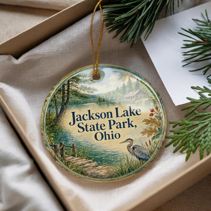 A decorative ornament with a scenic lake and park landscape, featuring a bird and a cabin, is displayed in a box with pine branches.