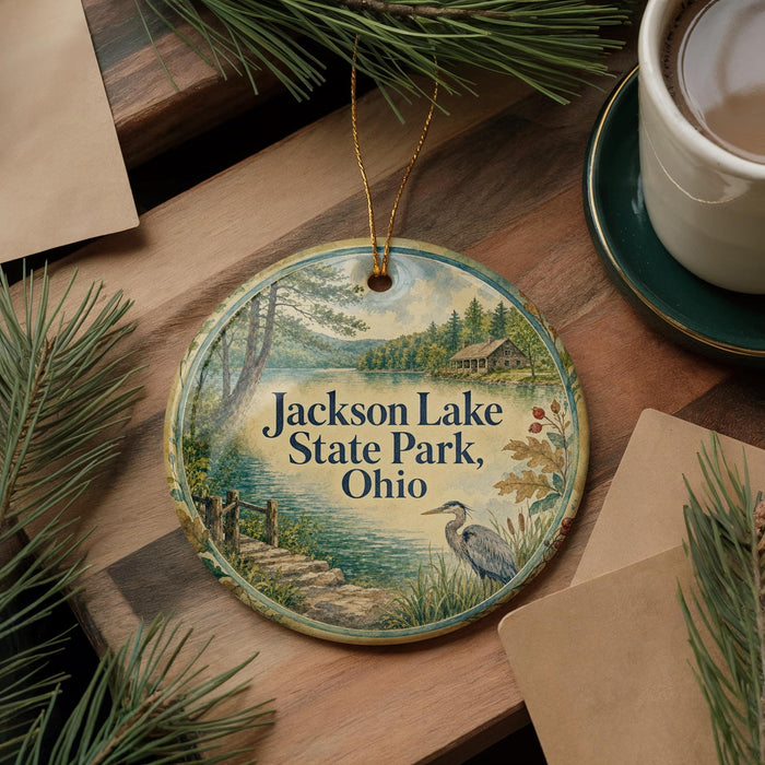 A round ornament with a scenic lake and forest landscape, featuring a bird, is displayed on a wooden surface alongside a cup of coffee and some pine branches.