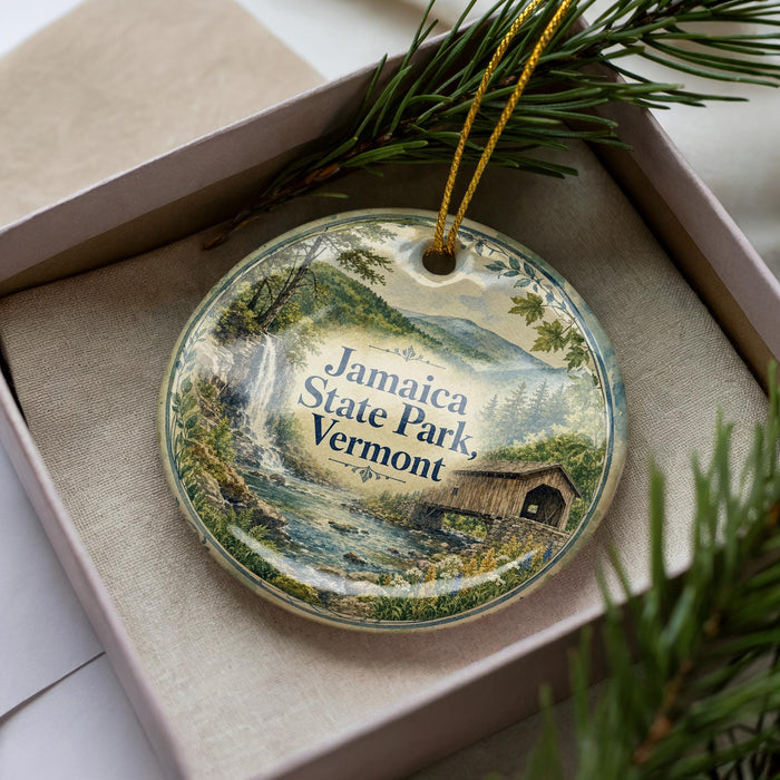 A decorative ornament in a box, featuring a scenic landscape with a waterfall and a wooden bridge, with the text "Jamaica State Park, Vermont" printed on it.