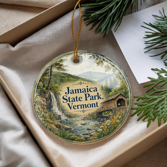 A decorative ornament with a scenic image of Jamaica State Park, Vermont, hanging from a string.