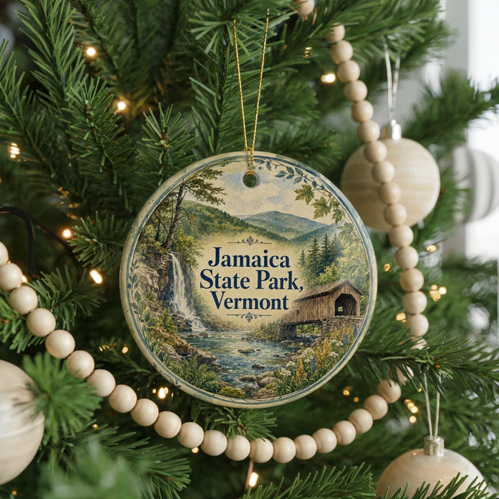 A round ornament hanging on a Christmas tree, featuring a scenic image of Jamaica State Park, Vermont.