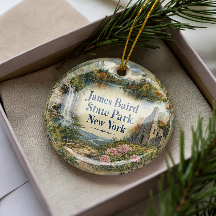 A decorative ornament in a box, featuring a scenic landscape with a waterfall and a building, with the text "James Baird State Park, New York" prominently displayed.