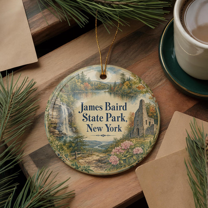 A decorative ornament featuring a scenic landscape with a waterfall, surrounded by pine branches and a cup of coffee on a wooden surface.