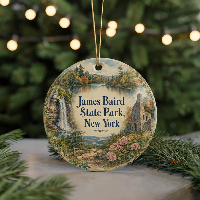 A round ornament with a scenic landscape featuring a waterfall, castle, and trees, hanging from a string.