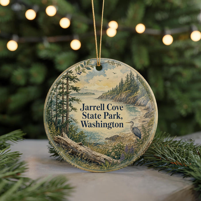 A circular ornament with a scenic landscape of a lake, forest, and mountains, featuring a bird in flight, is displayed in front of a blurred background with twinkling lights.