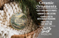 Ceramic ornaments, featuring a scenic landscape of Jarrell Cove State Park, Washington, are displayed in a wicker basket. The ornaments are described as cozy, high-quality prints, vibrant, and long-lasting, and are shipped fast in holiday packaging. They are not to be peeled or faded over time.