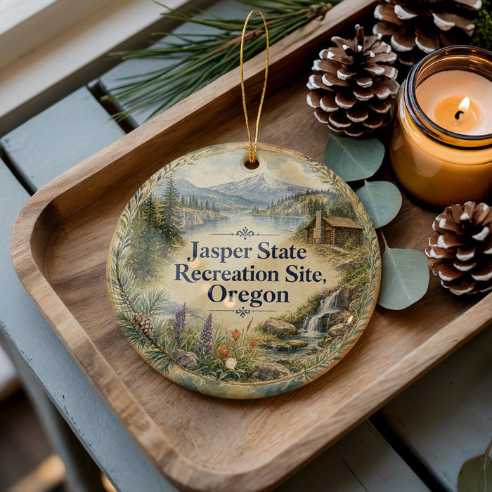 A wooden tray with a decorative ornament featuring a scenic landscape, pine cones, and a lit candle.