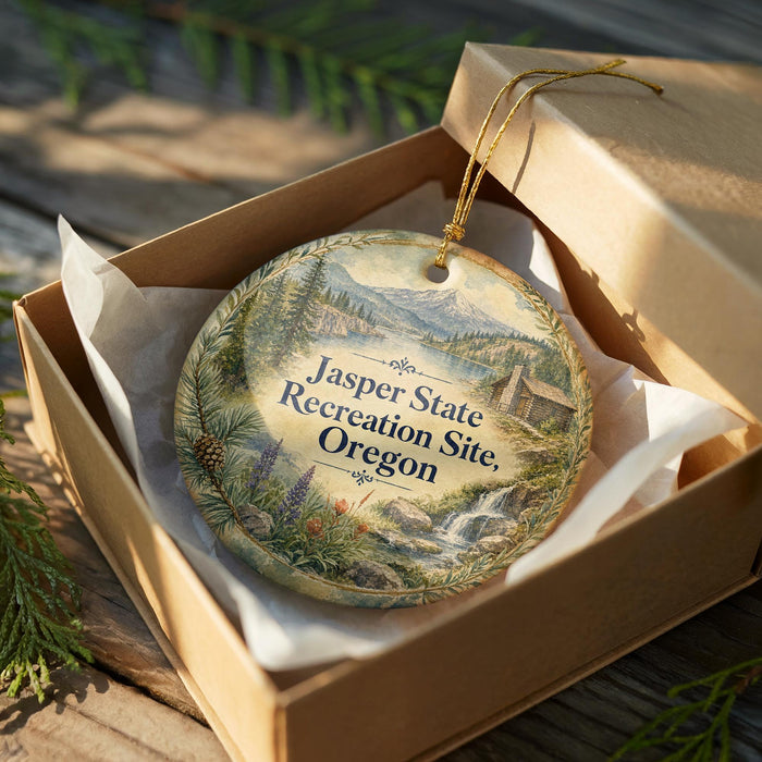 A wooden box containing a decorative ornament with a landscape scene and text that reads "Jasper State Recreation Site, Oregon".