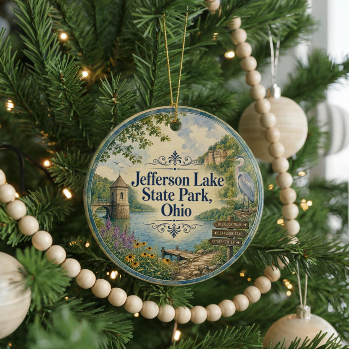 A round ornament hanging on a Christmas tree, featuring an illustration of Jefferson Lake State Park in Ohio.