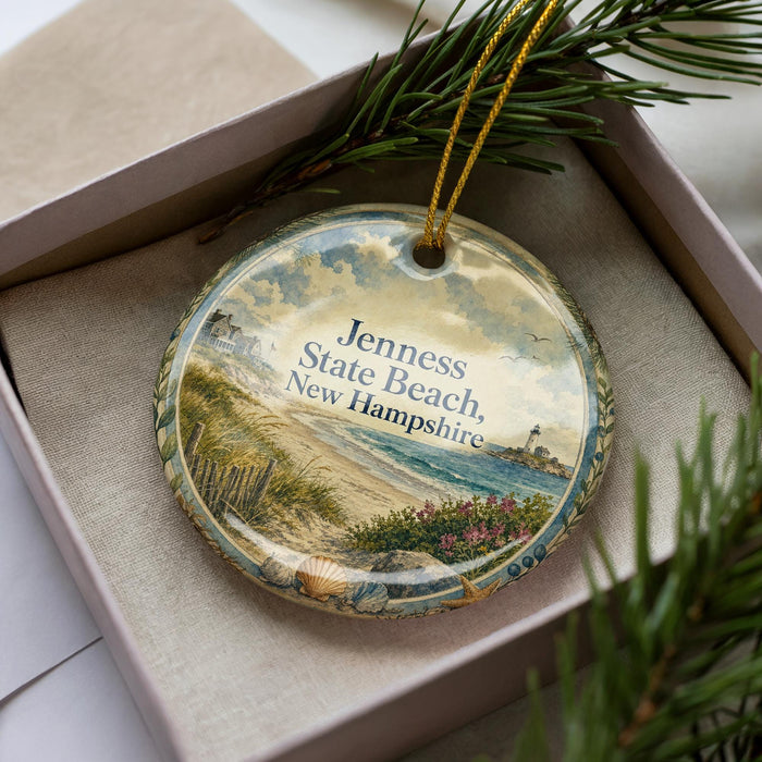 A decorative ornament in a box, featuring a scenic image of Jenessy State Beach in New Hampshire.