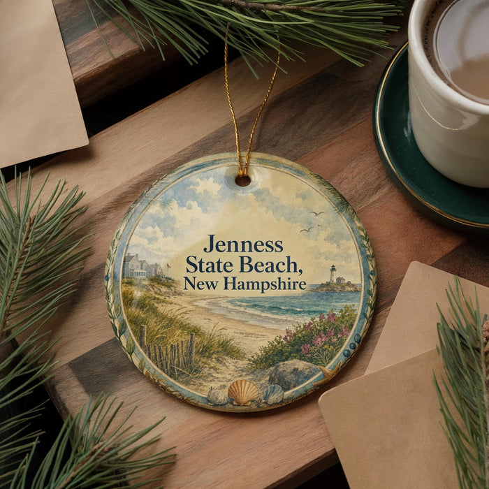 A decorative ornament featuring a beach scene with a lighthouse, surrounded by pine branches and a cup of coffee on a wooden surface.