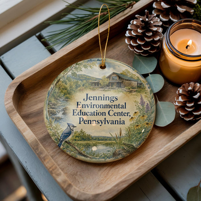 A decorative ornament with a bird perched on a branch, featuring the text "Jennings Environmental Education Center, Pennsylvania" on it, placed on a wooden tray alongside pine cones and a lit candle.