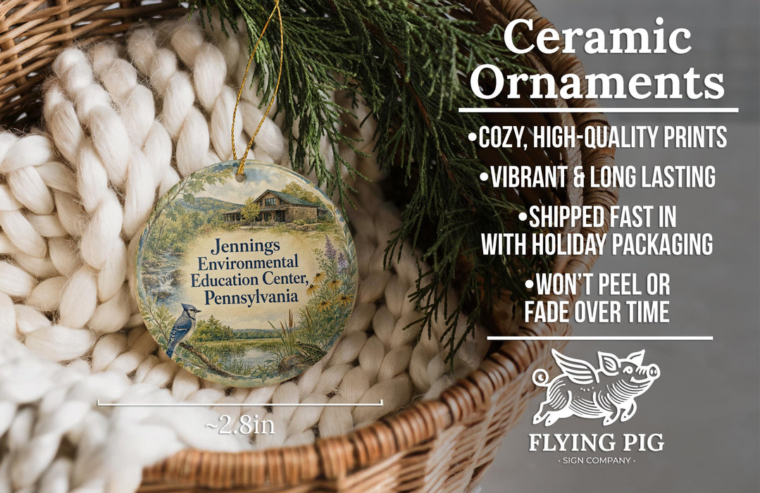 Ceramic ornaments, featuring a bird and a house, are displayed in a basket. The text highlights the ornaments as "Ceramic Ornaments" and mentions their features such as "Cozy, High-quality Prints", "Vibrant & Long Lasting", "Shipped Fast in with Holiday Packaging", and " Won't Peel or Fade Over Time".