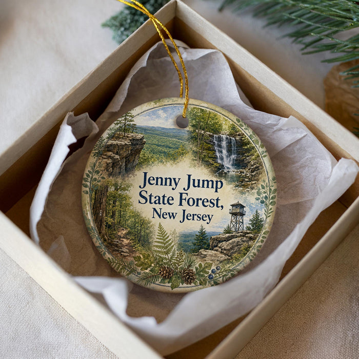 A decorative ornament in a box, featuring a scenic landscape with a waterfall, pine trees, and a cabin in the background.