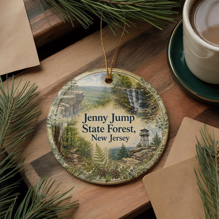 A round ornament with a scenic forest landscape, featuring a waterfall and a lookout tower, is displayed on a wooden surface alongside a cup of coffee and some pine branches.