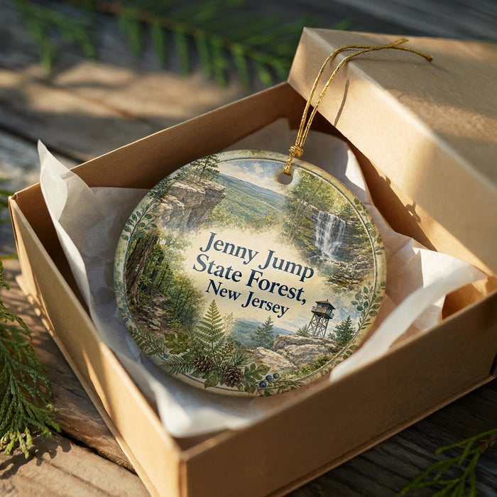 A decorative ornament in a box, featuring a scenic landscape with a waterfall and forest, with the text "Jenny Jump State Forest, New Jersey" printed on it.