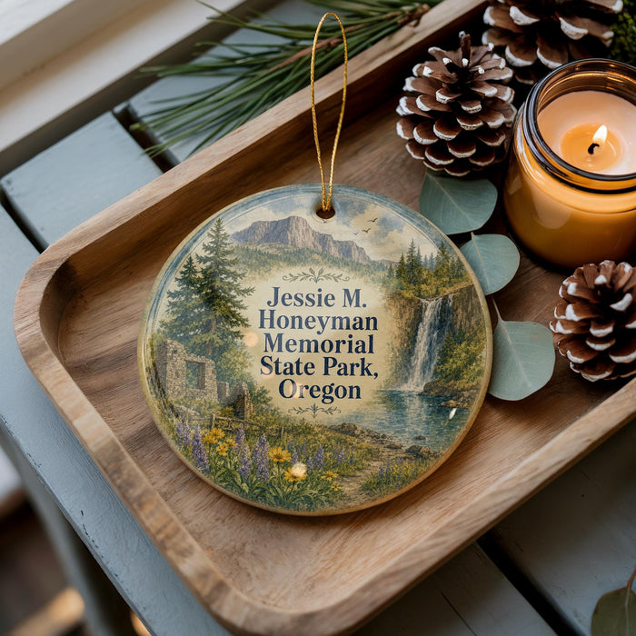 A wooden tray with a decorative ornament featuring a scenic landscape, including a waterfall and pine trees, along with pine cones and a lit candle.