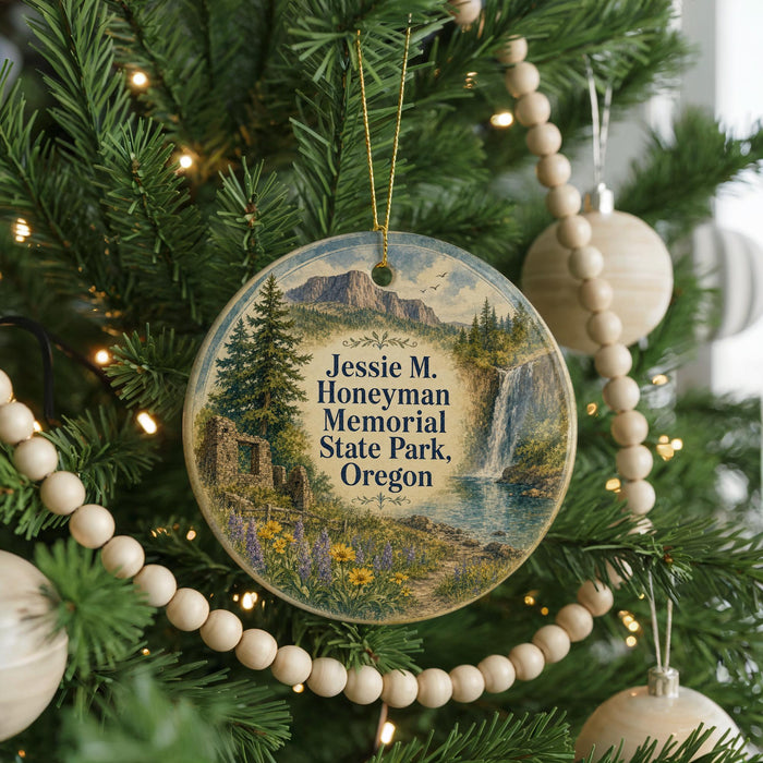 A round ornament hanging on a Christmas tree, featuring a scenic landscape with mountains, a waterfall, and a meadow.