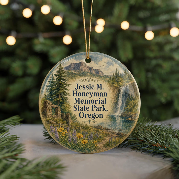 A round ornament with a scenic landscape featuring a waterfall, pine trees, and wildflowers, with the text " Jessie M. Honeyman Memorial State Park, Oregon" printed on it.