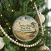 A round ornament hanging on a Christmas tree, featuring a scenic landscape with a tree, field, and birds in the sky.
