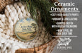 Ceramic ornaments, featuring a detailed illustration of Jockey's Ridge State Park in North Carolina, are displayed in a woven basket. The ornaments are described as cozy, high-quality prints, vibrant, long-lasting, and shipped fast in holiday packaging. They are not to be peeled or faded over time. The image is a collage of various images, and the text is concise and avoids redundancy.