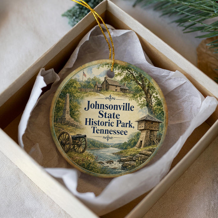 A circular ornament with a vintage-style illustration of a historical site, surrounded by a white tissue paper.