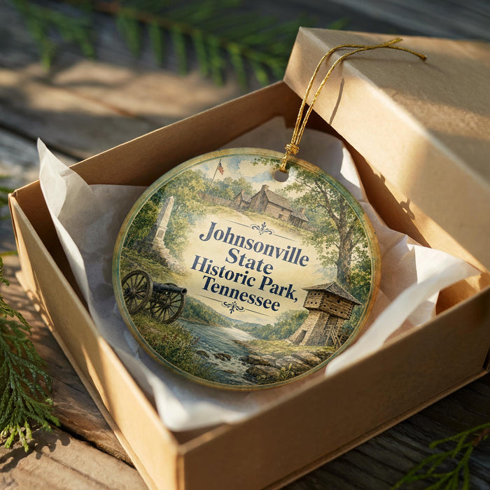 A circular ornament with a scenic image of Johnsonville State Historic Park in Tennessee, displayed in a wooden box with a gold string.