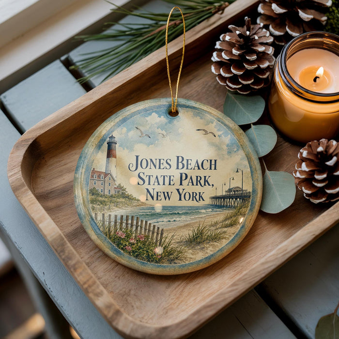 A decorative ornament featuring a lighthouse and beach scene, placed on a wooden tray alongside pine cones and a lit candle.