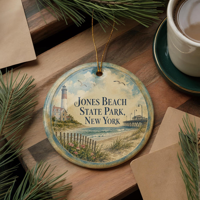 A decorative ornament featuring a lighthouse and beach scene, with the text "Jones Beach State Park, New York" displayed on it. The ornament is placed on a wooden surface, surrounded by pine branches and a cup of coffee.