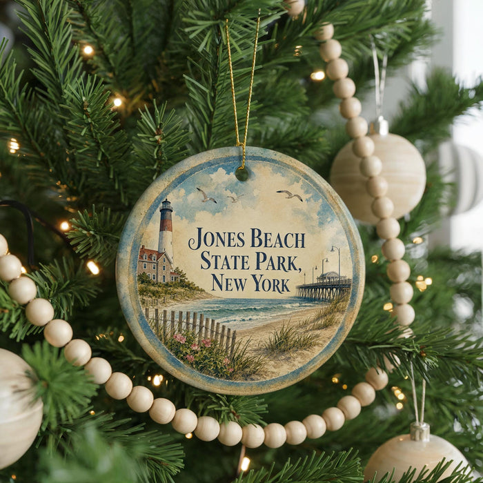 A round ornament hanging on a Christmas tree, featuring a lighthouse and beach scene with the text "Jones Beach State Park, New York".
