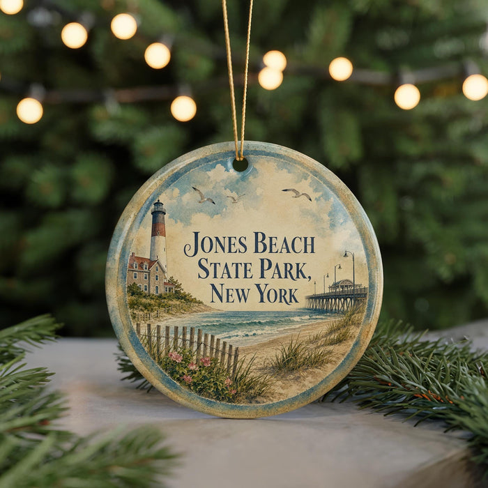 A round ornament with a lighthouse and beach scene, featuring the text "Jones Beach State Park, New York" on it.