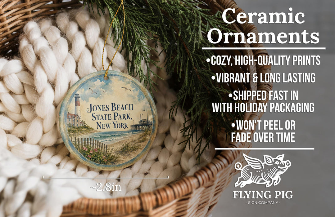 a ceramic ornament hanging from a wicker basket, with a text overlay providing information about the ornament.
