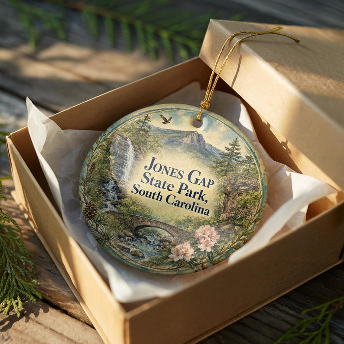 A decorative ornament in a brown box, featuring a scenic landscape with a waterfall and pine trees, with the text "Jones Gap State Park, South Carolina" printed on it.