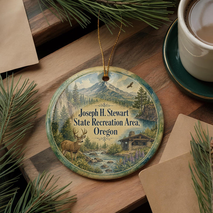 A round ornament with a scenic landscape featuring a deer, mountains, and a cabin, hanging on a wooden surface.