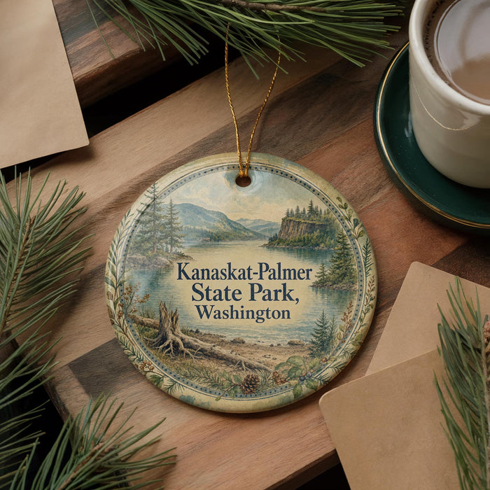 A decorative ornament with a scenic landscape of Kanaskat-Palmer State Park, Washington, featuring pine trees and a lake.