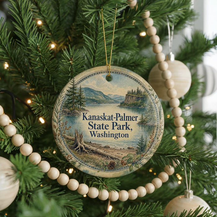 A circular ornament hanging on a Christmas tree, featuring a scenic landscape of Kanaskat-Palmer State Park in Washington.