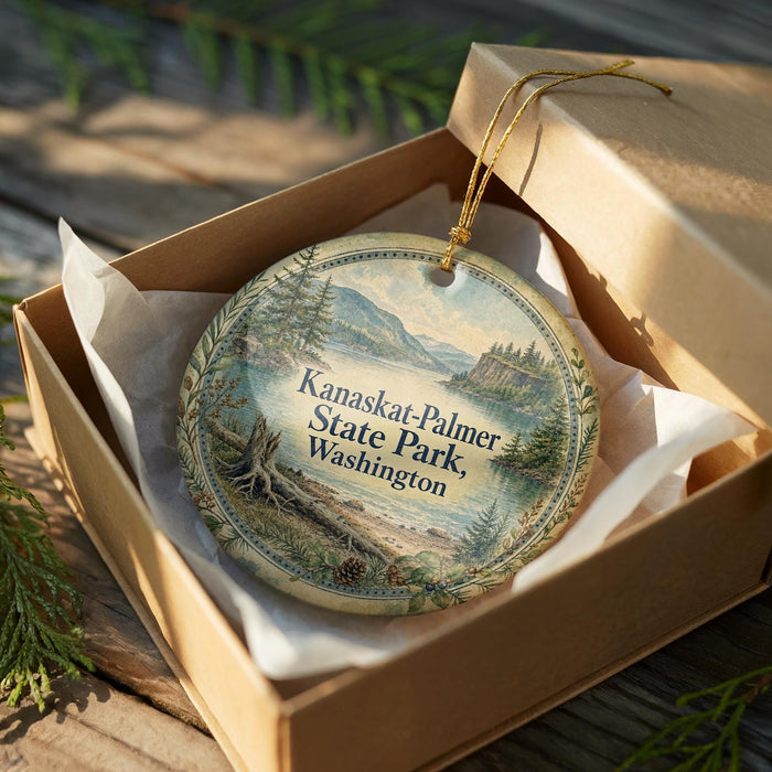 A decorative ornament in a wooden box, featuring a scenic landscape with mountains and pine trees.
