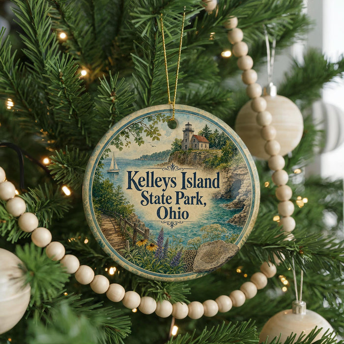 A round ornament hanging on a Christmas tree, featuring a scenic image of Kelley's Island State Park, Ohio.