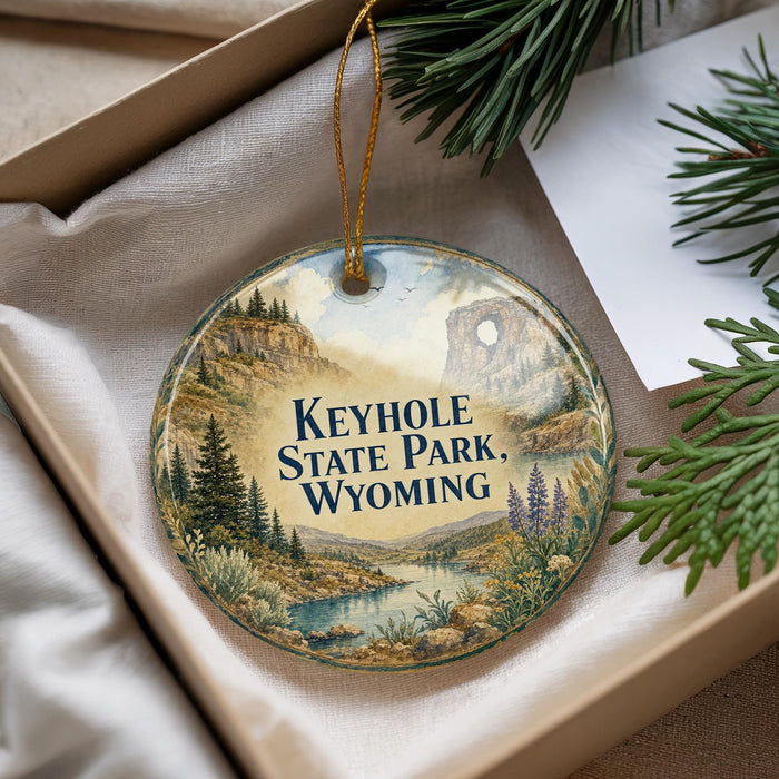 A decorative ornament with a scenic landscape of Keyhole State Park, Wyoming, hanging from a string.