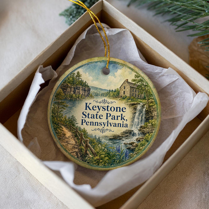 A decorative ornament in a box, featuring a scenic landscape with a waterfall and a house, with the text "Keystone State Park, Pennsylvania" prominently displayed.