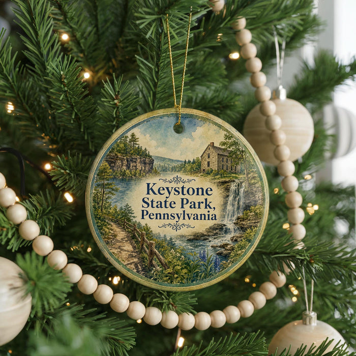 A round ornament hanging on a Christmas tree, featuring a scenic image of Keysstone State Park, Pennsylvania.