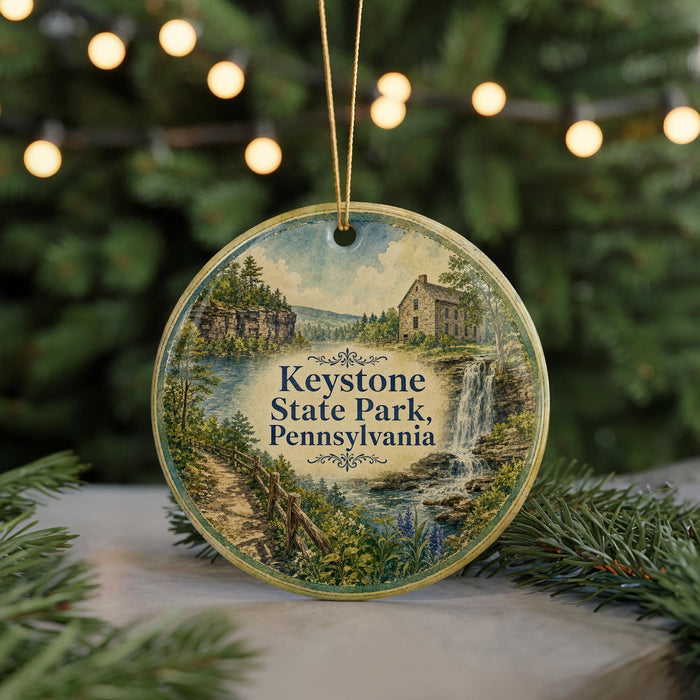 A round ornament with a scenic image of Keystone State Park, Pennsylvania, featuring a waterfall and a house, is displayed on a table with pine branches in the background.