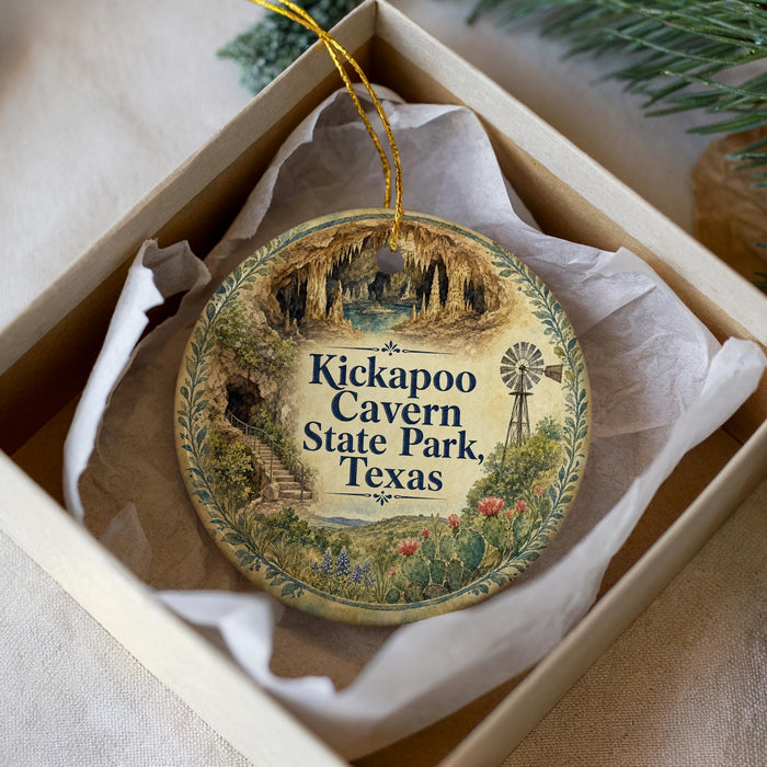 A circular ornament with a painting of a cave and a windmill, placed in a box with a white tissue paper lining.