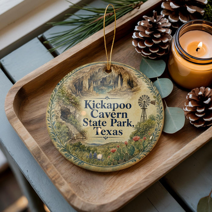 A decorative ornament with a scenic illustration of the Kickapoo Canyon, a cave system in Texas, is displayed on a wooden tray alongside pine cones and a lit candle.