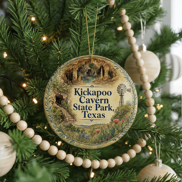 A round ornament hanging on a Christmas tree, featuring an illustration of the Kickapoo Canyon State Park in Texas.