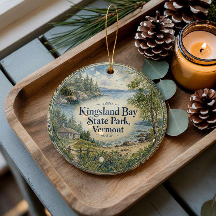 A wooden tray with a decorative ornament featuring a scenic landscape of Kingsland Bay State Park, Vermont, and pine cones.