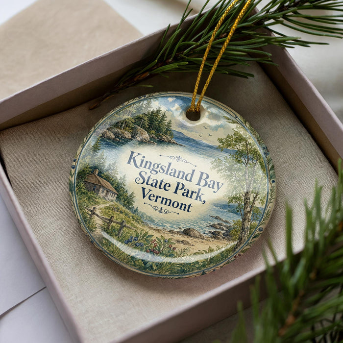 A decorative ornament in a box, featuring a scenic landscape with a house, trees, and a body of water.