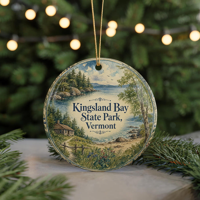A round ornament with a scenic landscape of Kingsland Bay State Park, Vermont, featuring a house, trees, and a body of water.