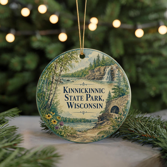 A circular ornament featuring a scenic landscape of Kinckinnic State Park, Wisconsin, with a waterfall and forest in the background.