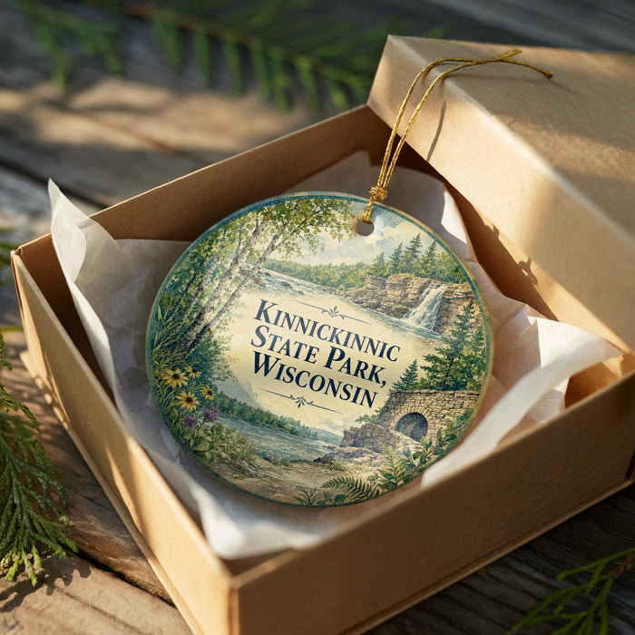 A decorative ornament in a wooden box, featuring a scenic landscape with a waterfall and trees, with the text "Kinnickinnic State Park, Wisconsin" prominently displayed.